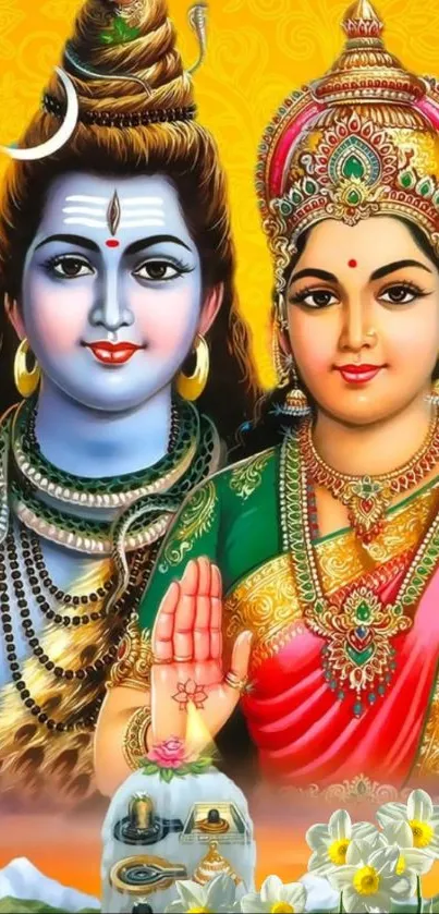 Colorful mobile wallpaper of Hindu deities Shiva and Parvati in traditional attire.