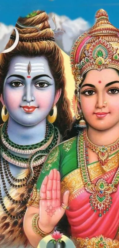 Mobile wallpaper of Lord Shiva and Goddess Parvati in vibrant colors.