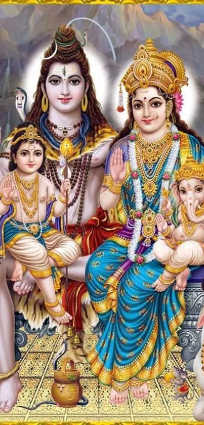 Hindu deity family featuring Shiva, Parvati, Ganesha, and Kartikeya.