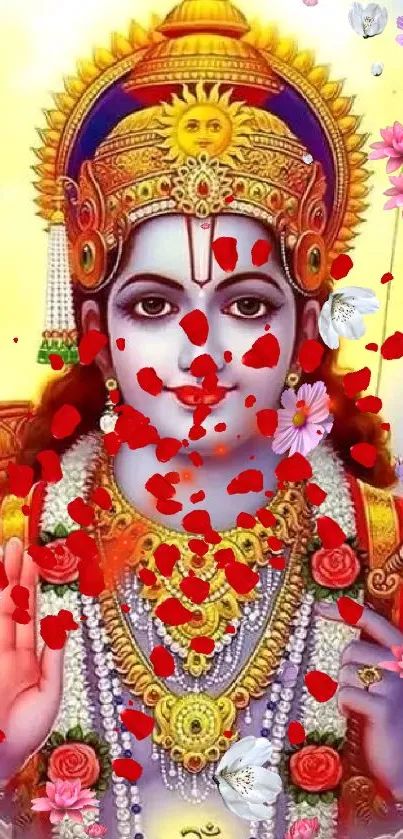 Vibrant Hindu deity with floral accents on mobile wallpaper.