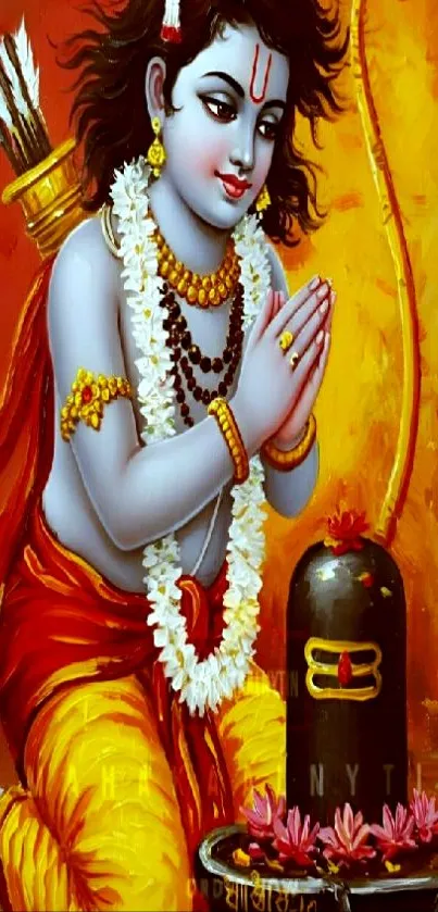 Vibrant painting of Lord Rama in prayer with bow and garland.