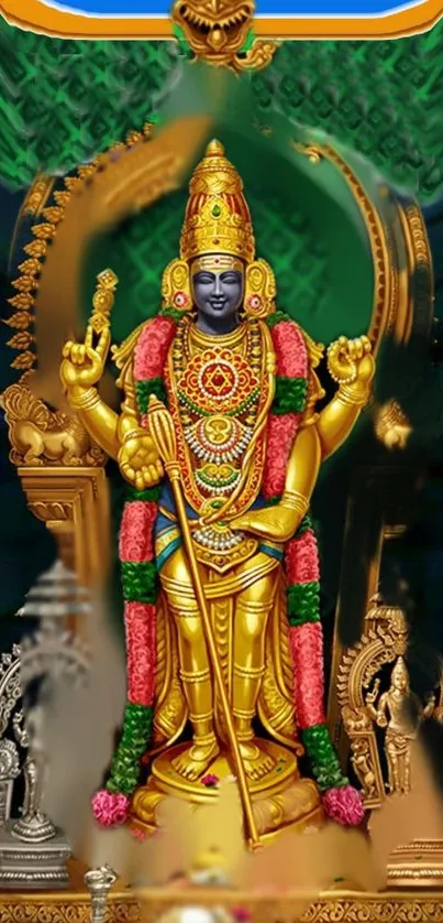 Colorful Hindu deity in golden attire with vibrant background.