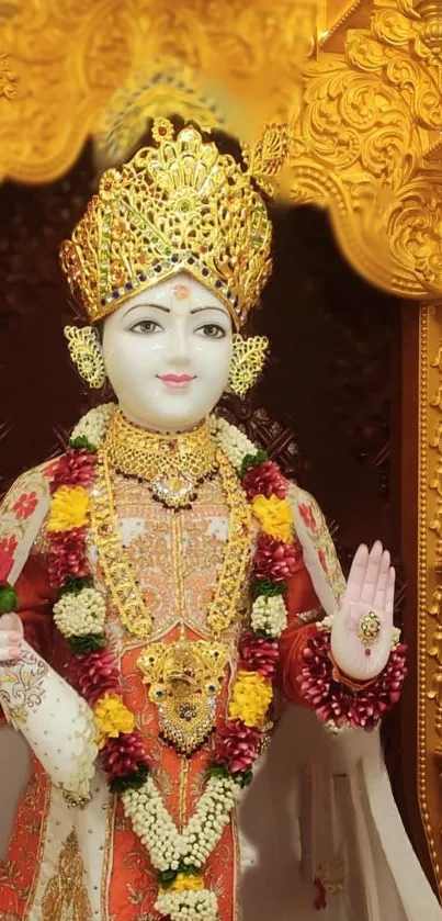 Hindu deity with gold intricate design and floral garland.