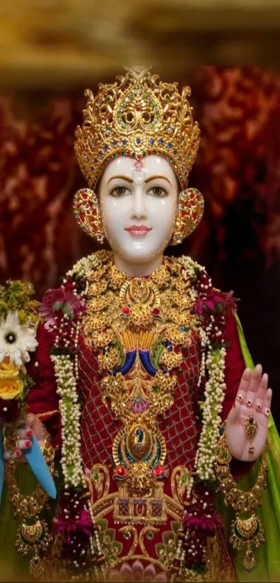 Intricate statue of a Hindu deity in ornate attire.