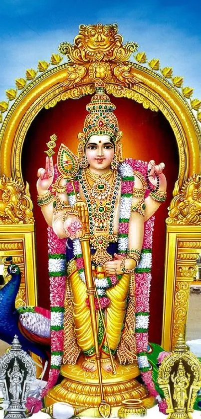 Vibrant Hindu deity with temple and golden aura.