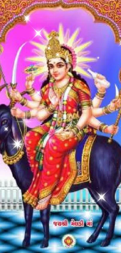 A vibrant Hindu goddess in traditional attire on mobile wallpaper.