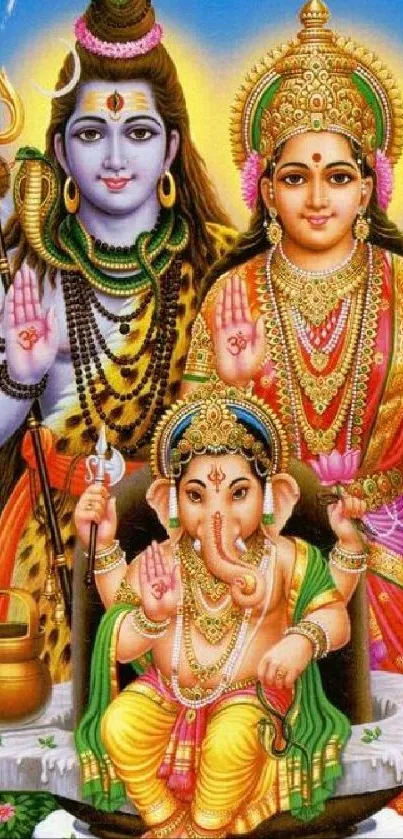 Vibrant Hindu gods wallpaper featuring Shiva, Parvati, and Ganesha.