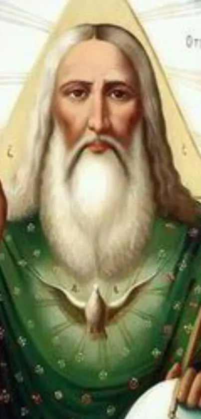 Illustration of a bearded man in spiritual attire with a green robe and a peaceful expression.