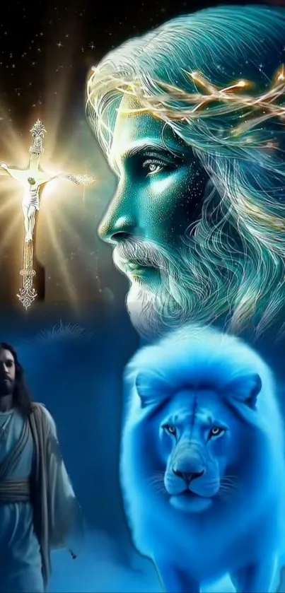 Spiritual image with divine figure, glowing cross, and blue lion.