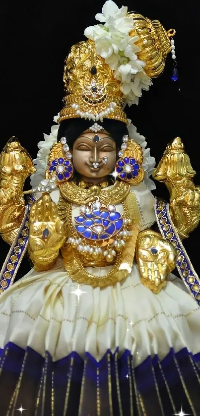 Indian deity statue with golden attire and intricate details on black background.