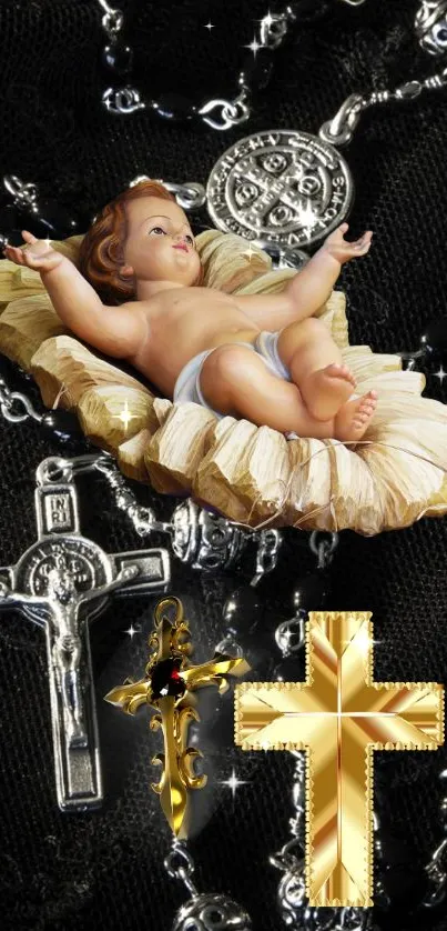 Infant Jesus with crosses on black. Elegant religious phone wallpaper.