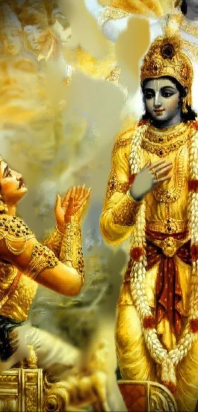 Illustration of Krishna and Arjuna in golden attire.