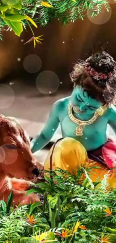 Artwork of Krishna with a cow in nature, displaying vibrant colors.