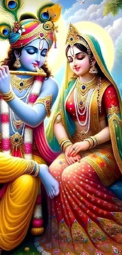 Vibrant wallpaper of Krishna and Radha in a serene, colorful landscape.