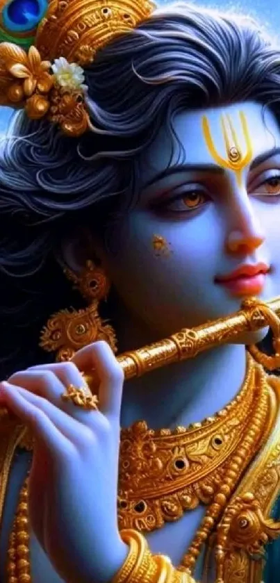 Artistic representation of Lord Krishna playing flute in vivid colors.