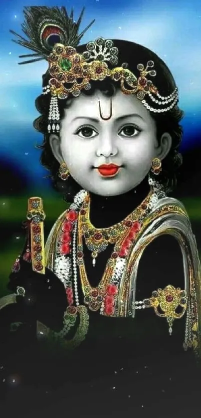 Divine Krishna art wallpaper with vibrant colors.