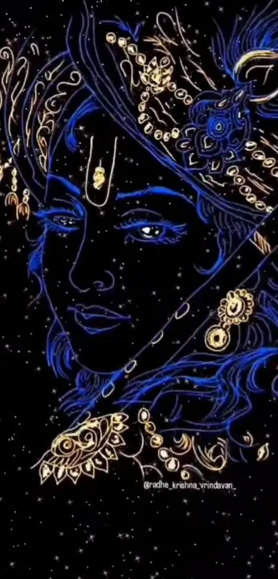 Illustrated Krishna sketch in blue and gold on black background.