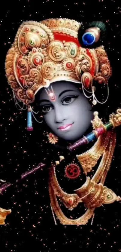 Divine artwork of Krishna with vibrant ornaments on a black background.