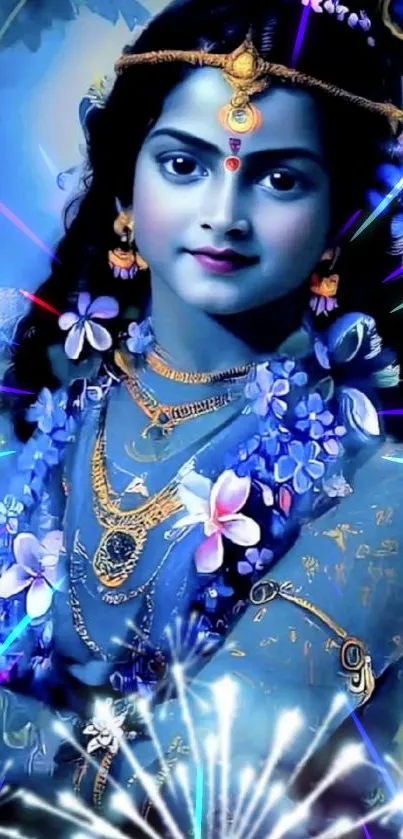 Colorful Krishna art wallpaper with blue and gold accents.