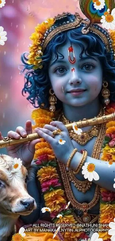 Blue-skinned Krishna with flute and cow, adorned with flowers.