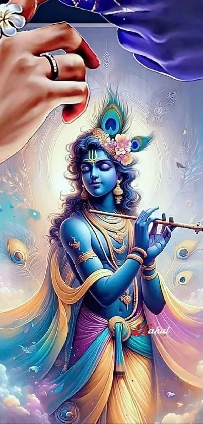 Krishna playing flute in vibrant artwork