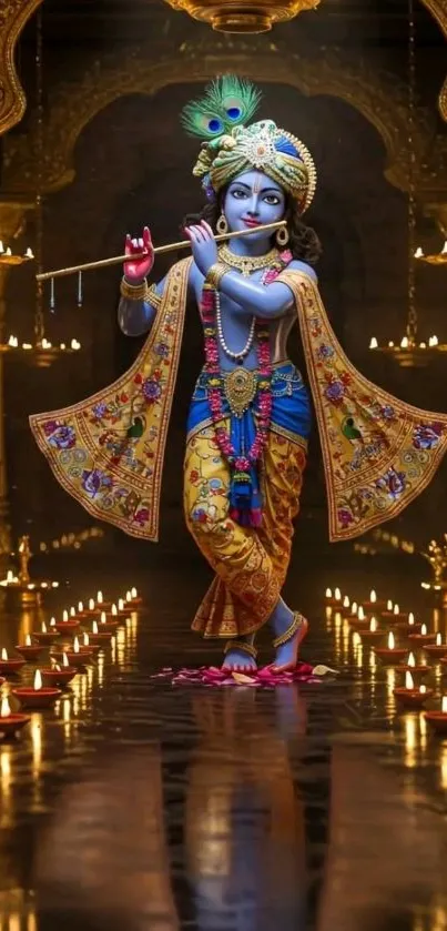 Colorful depiction of Lord Krishna with traditional attire and candles.