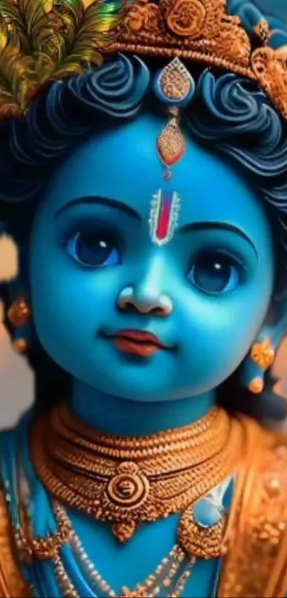 Blue deity art of Lord Krishna with golden jewelry.