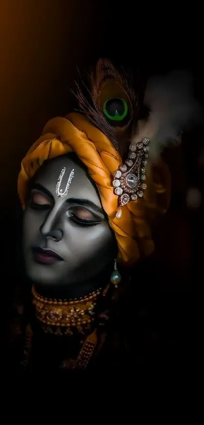 Artistic depiction of Krishna with peacock feather and adornments.