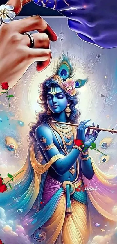 Artistic depiction of Lord Krishna with flute and vibrant colors.