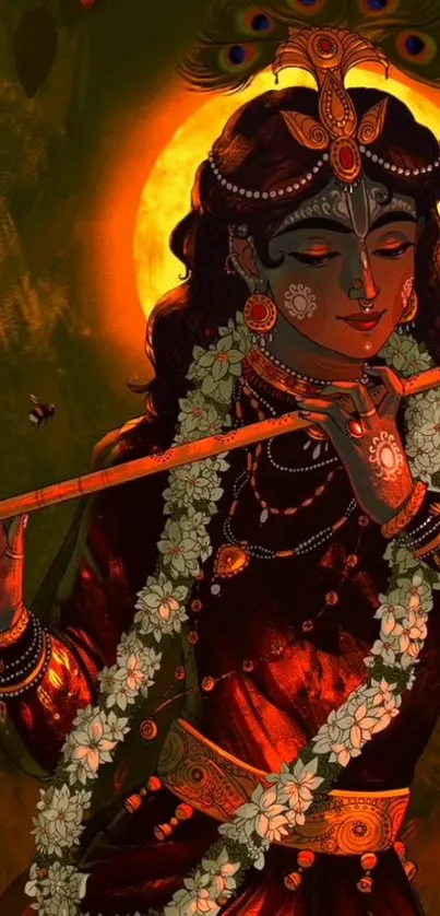 Artistic depiction of Krishna playing flute with a vibrant orange background.