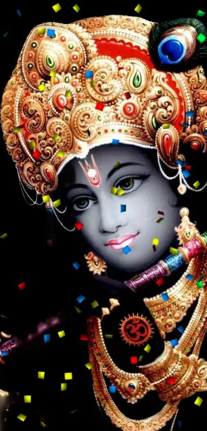 Vibrant mobile wallpaper of Lord Krishna with ornate jewelry and colorful confetti.