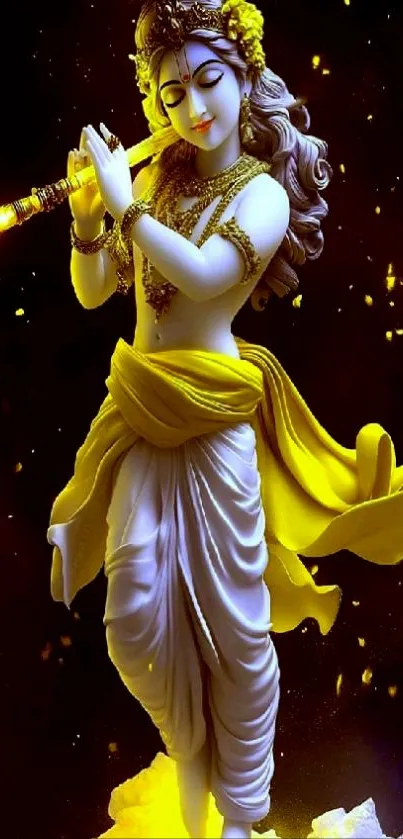 Lord Krishna playing the flute with a golden aura.