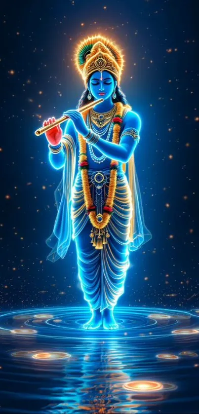 Krishna playing flute in glowing blue art.