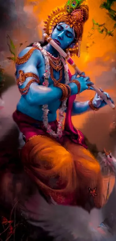 Vibrant wallpaper of Lord Krishna playing the flute with divine ambience.