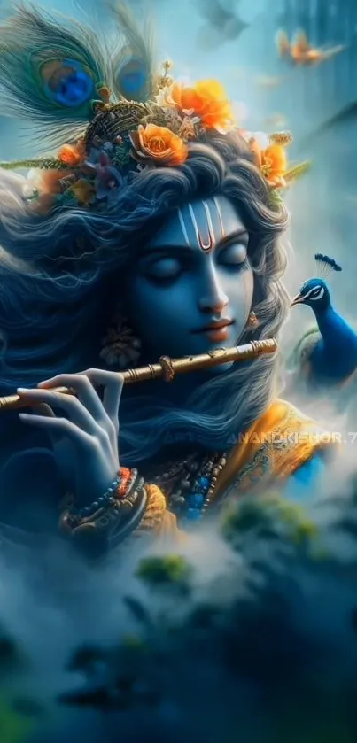 Lord Krishna playing flute, surrounded by nature and peacock.