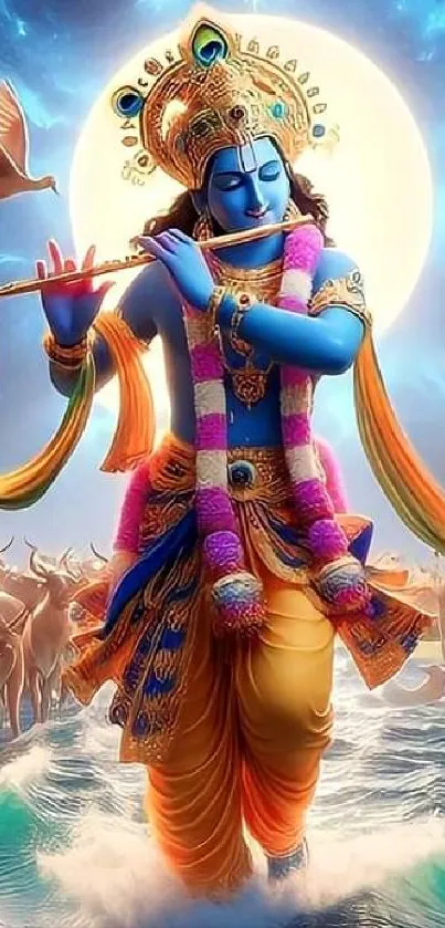 Krishna playing flute amidst nature in a celestial light, mobile wallpaper.