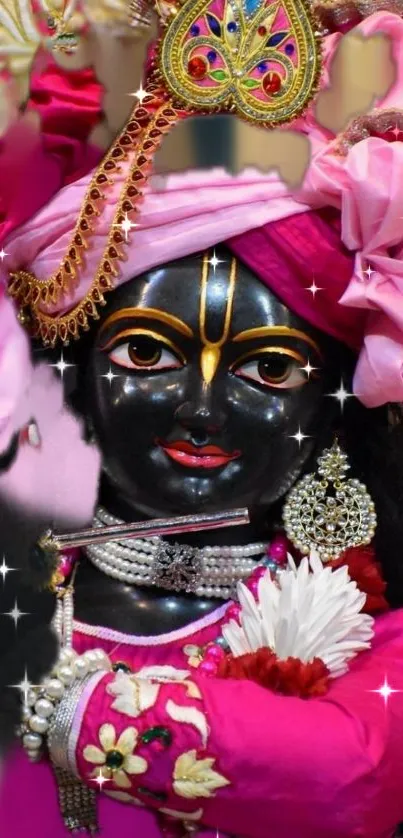 Krishna in pink attire mobile wallpaper with divine and vibrant design elements.