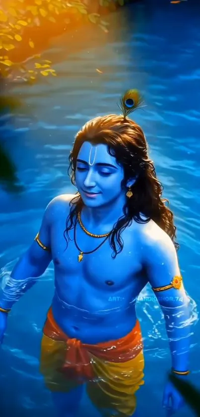 Lord Krishna in blue waters amid serene nature.