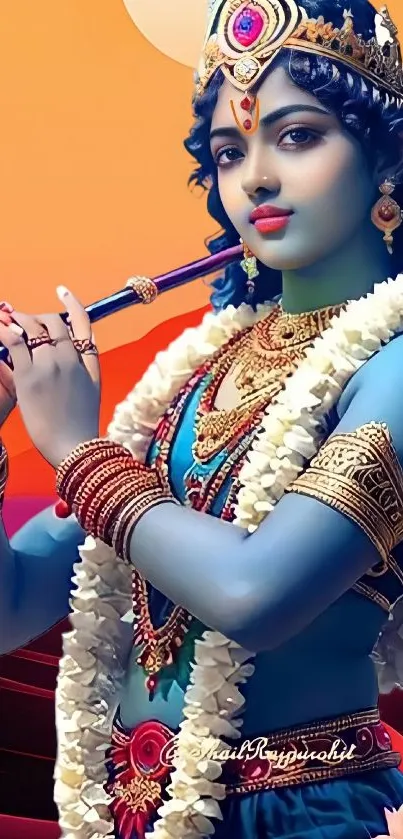 Colorful wallpaper of Lord Krishna playing the flute.