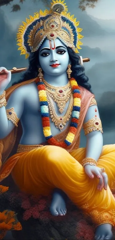 Colorful and serene image of Lord Krishna in traditional attire.