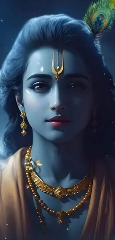 Divine Krishna with blue hues and gold ornaments.