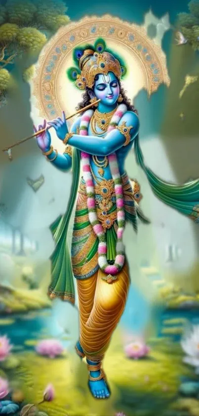 Colorful wallpaper of Lord Krishna playing flute in a serene natural setting.