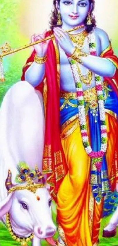 Vibrant wallpaper of Lord Krishna with cows in a serene and colorful scene.