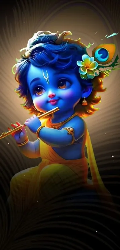 Baby Krishna playing flute with vibrant colors.