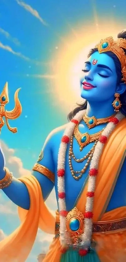 Colorful Krishna holding a trident against a bright sky.