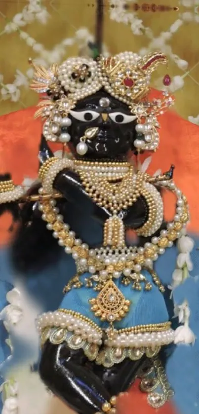 Divine Lord Krishna adorned with ornate jewels on vibrant orange-blue background