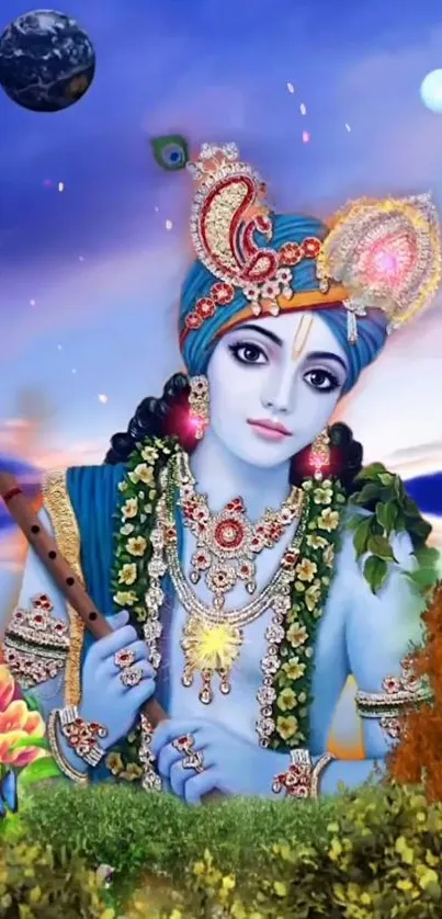 Divine Krishna in vibrant colors with intricate jewelry and serene backdrop.