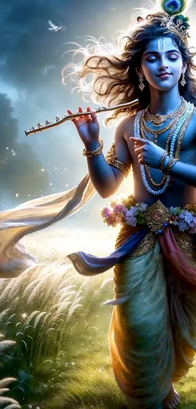 Krishna playing flute in nature, vivid colors.