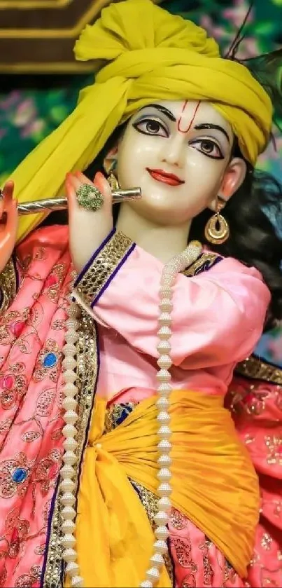 Colorful image of Lord Krishna playing a flute.