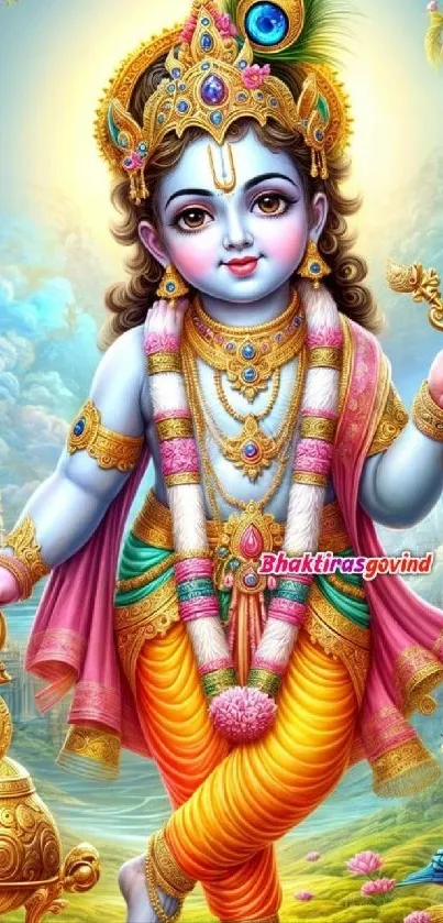 Illustrated wallpaper of Lord Krishna with vibrant colors.